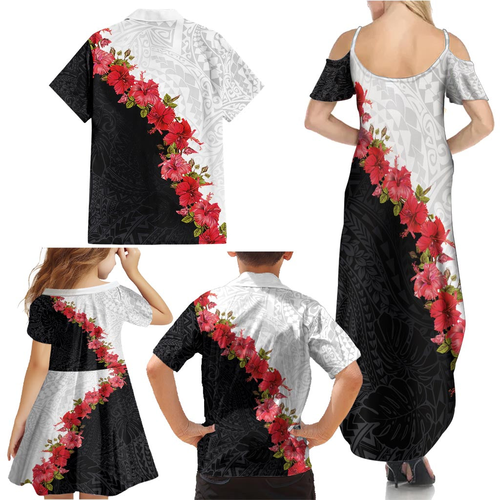 Hawaii Red Hibiscus Flowers Family Matching Summer Maxi Dress and Hawaiian Shirt Polynesian Pattern With Half Black White Version LT03 - Polynesian Pride