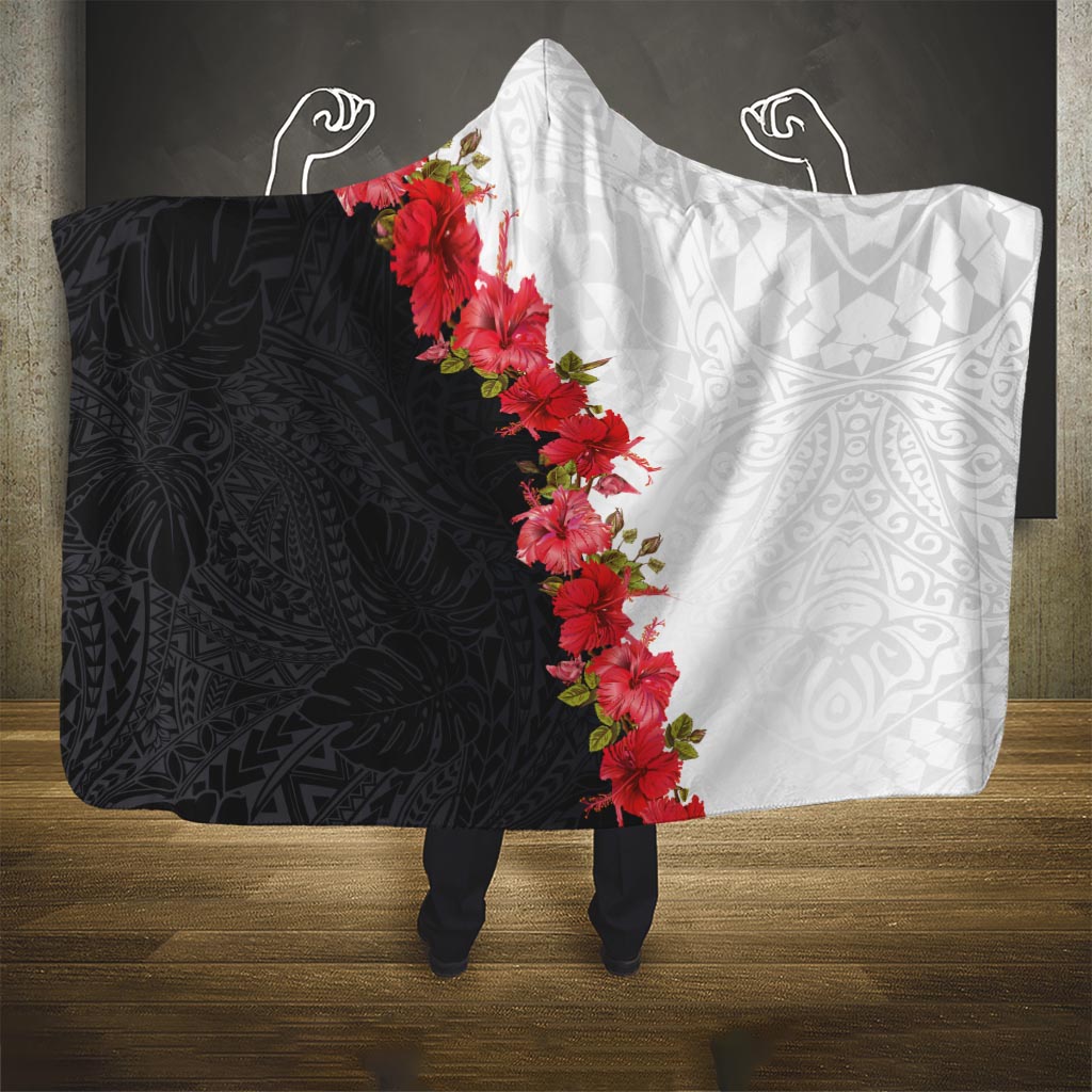 Hawaii Red Hibiscus Flowers Hooded Blanket Polynesian Pattern With Half Black White Version LT03 - Polynesian Pride
