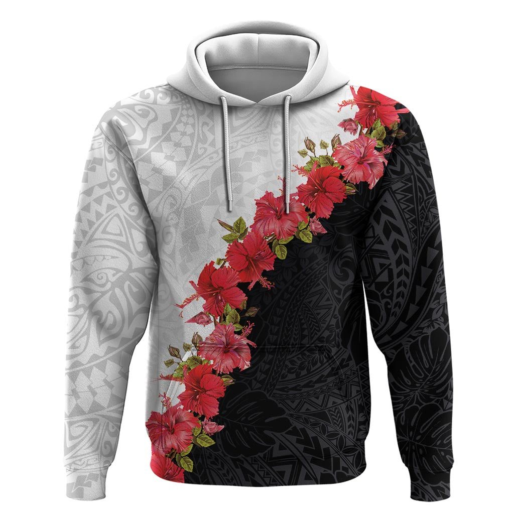 Hawaii Red Hibiscus Flowers Hoodie Polynesian Pattern With Half Black White Version