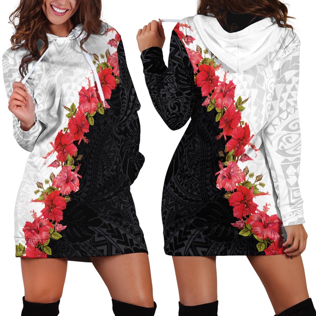 Hawaii Red Hibiscus Flowers Hoodie Dress Polynesian Pattern With Half Black White Version LT03 - Polynesian Pride