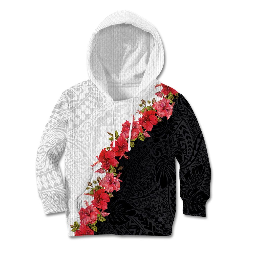 Hawaii Red Hibiscus Flowers Kid Hoodie Polynesian Pattern With Half Black White Version