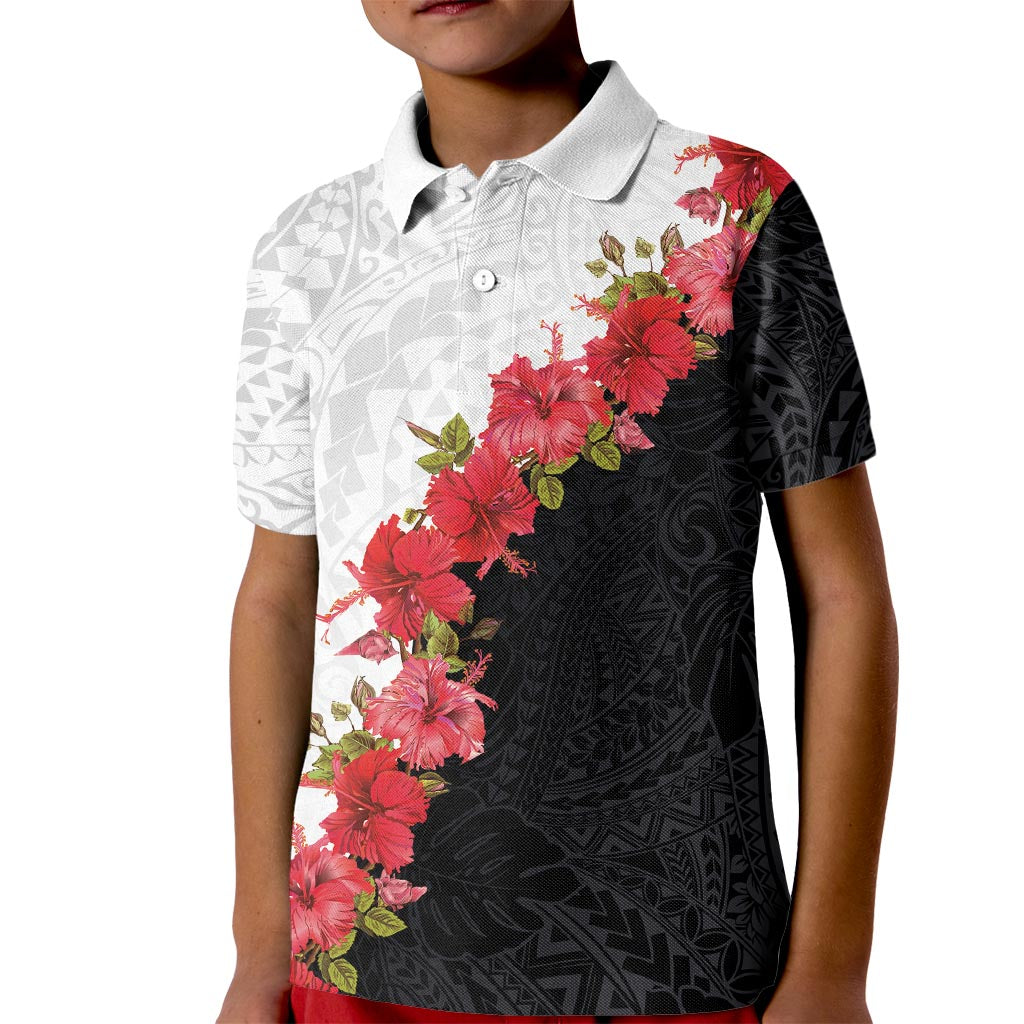 Hawaii Red Hibiscus Flowers Kid Polo Shirt Polynesian Pattern With Half Black White Version