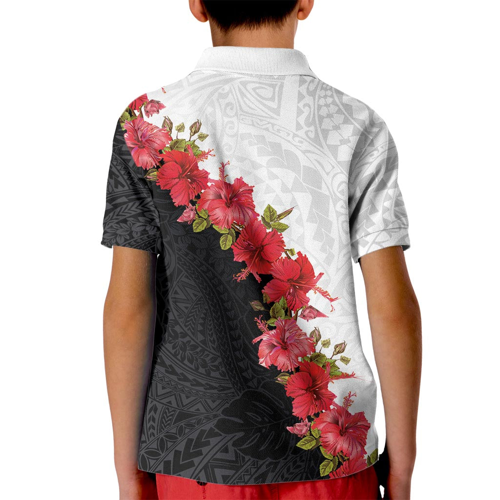 Hawaii Red Hibiscus Flowers Kid Polo Shirt Polynesian Pattern With Half Black White Version
