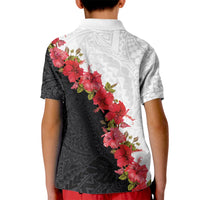 Hawaii Red Hibiscus Flowers Kid Polo Shirt Polynesian Pattern With Half Black White Version