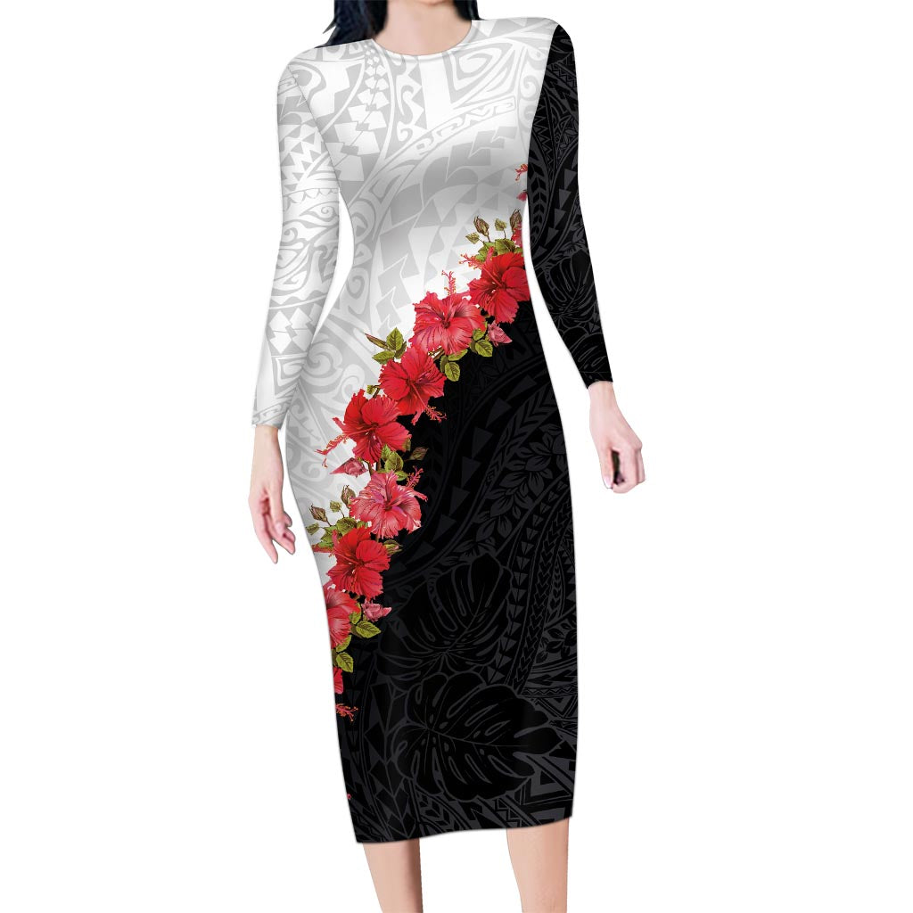 Hawaii Red Hibiscus Flowers Long Sleeve Bodycon Dress Polynesian Pattern With Half Black White Version