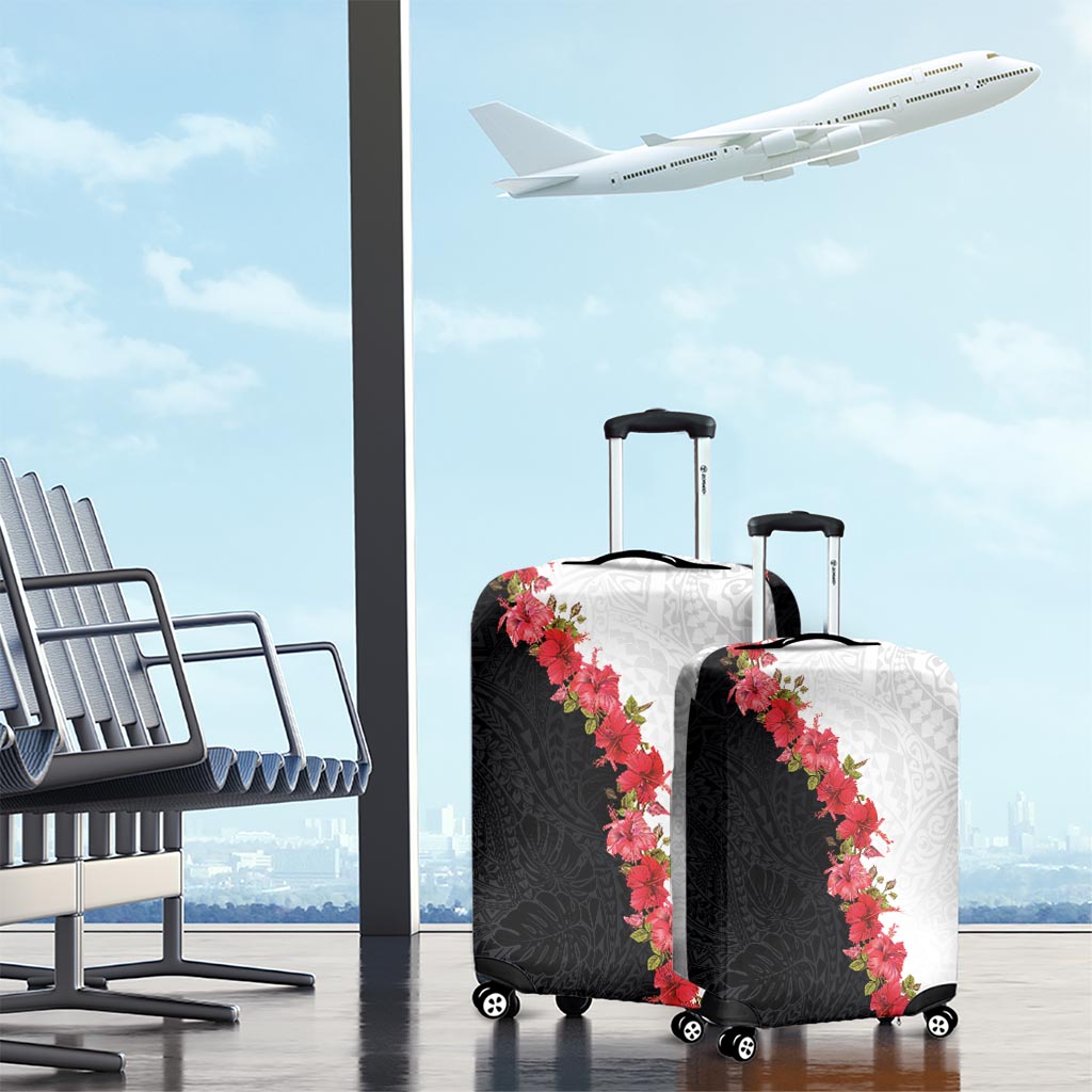 Hawaii Red Hibiscus Flowers Luggage Cover Polynesian Pattern With Half Black White Version