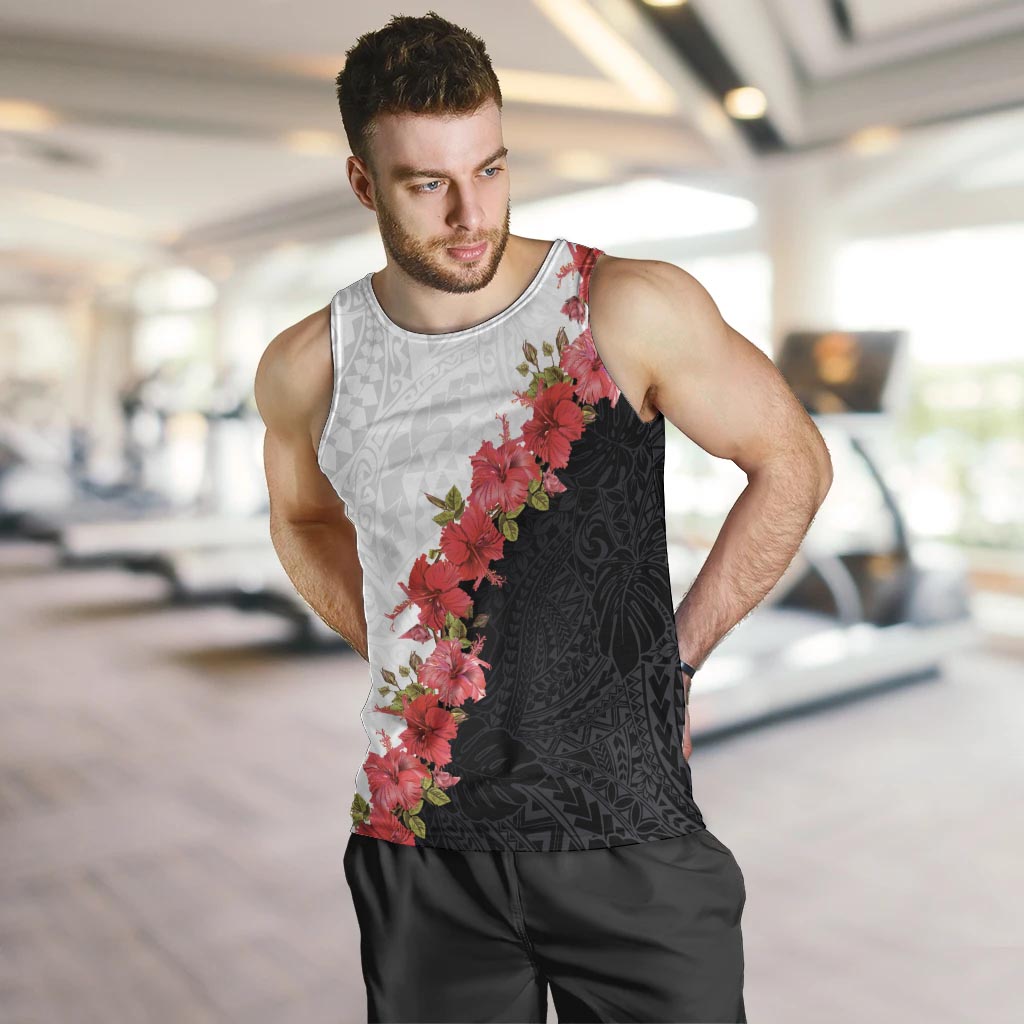 Hawaii Red Hibiscus Flowers Men Tank Top Polynesian Pattern With Half Black White Version LT03 Black - Polynesian Pride