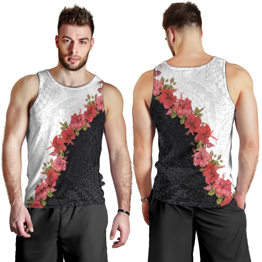 Hawaii Red Hibiscus Flowers Men Tank Top Polynesian Pattern With Half Black White Version LT03 - Polynesian Pride