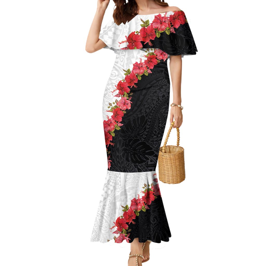 Hawaii Red Hibiscus Flowers Mermaid Dress Polynesian Pattern With Half Black White Version