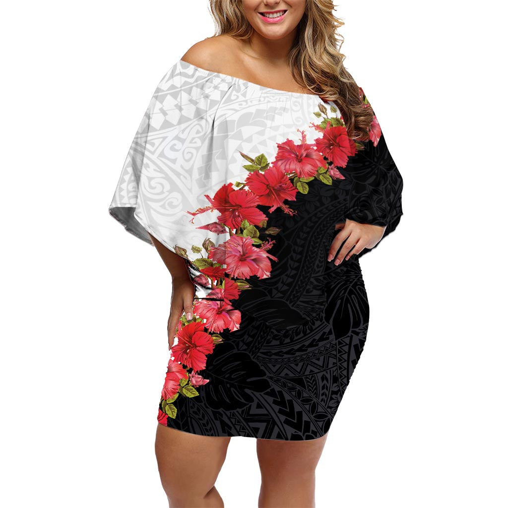 Hawaii Red Hibiscus Flowers Off Shoulder Short Dress Polynesian Pattern With Half Black White Version LT03 Women Black - Polynesian Pride