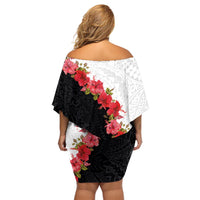 Hawaii Red Hibiscus Flowers Off Shoulder Short Dress Polynesian Pattern With Half Black White Version LT03 - Polynesian Pride