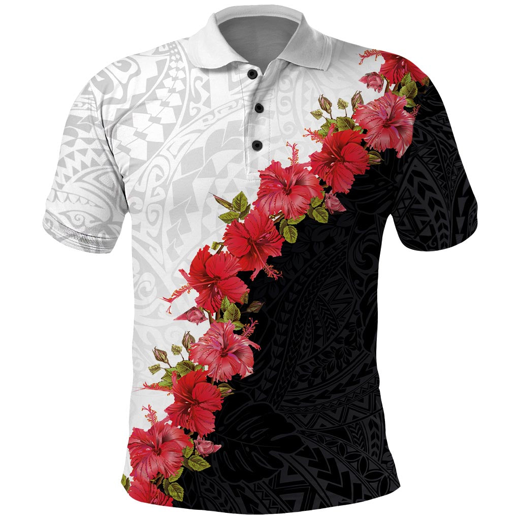 Hawaii Red Hibiscus Flowers Polo Shirt Polynesian Pattern With Half Black White Version