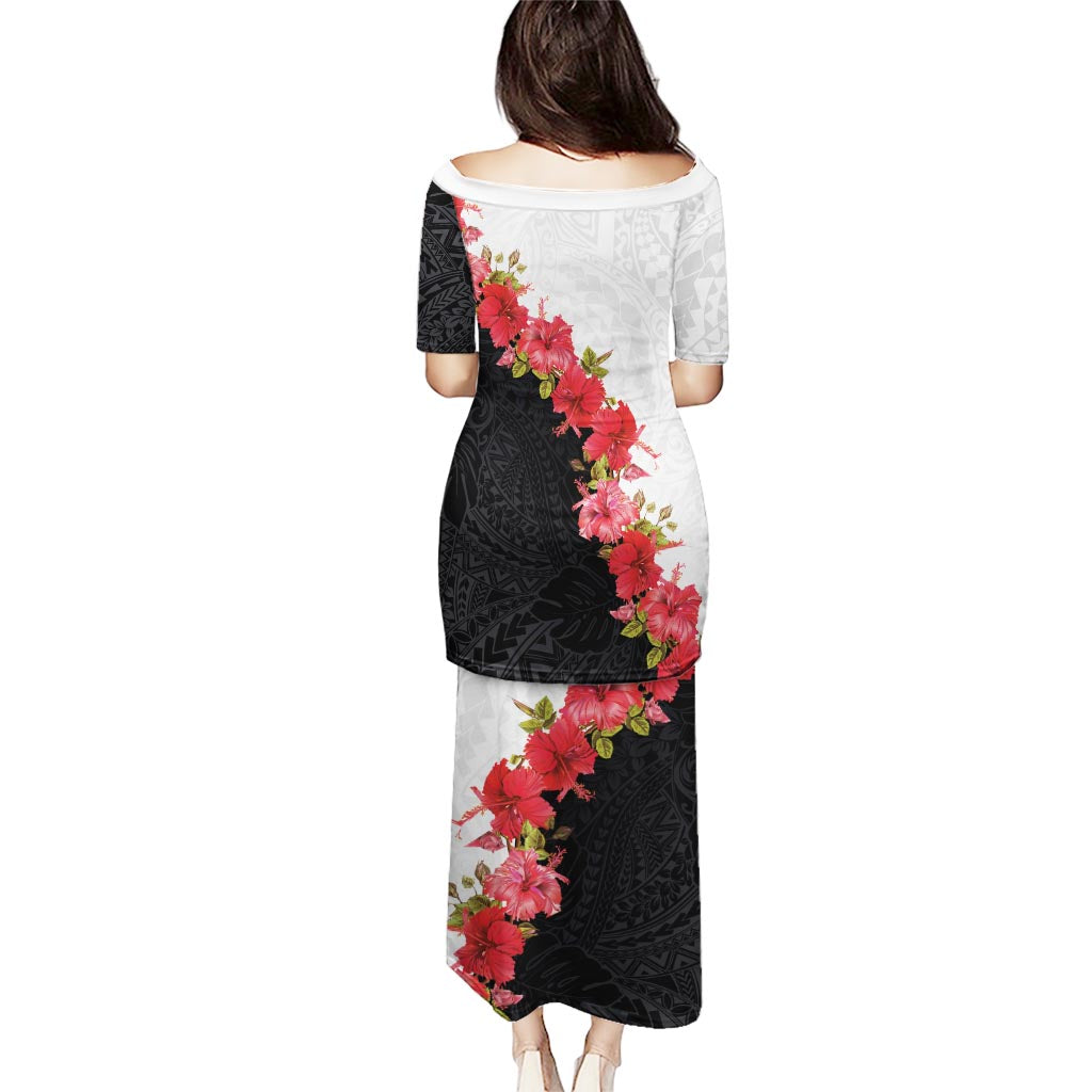 Hawaii Red Hibiscus Flowers Puletasi Polynesian Pattern With Half Black White Version LT03 - Polynesian Pride