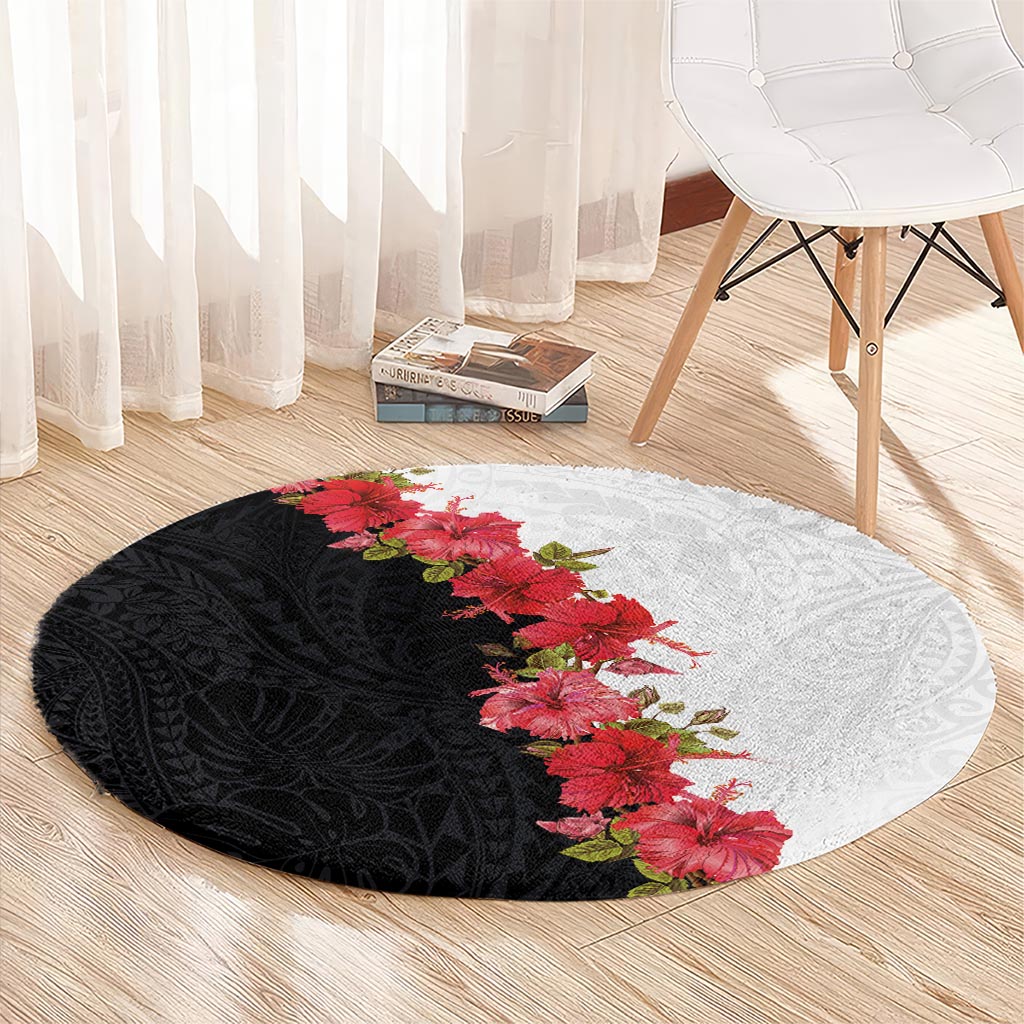 Hawaii Red Hibiscus Flowers Round Carpet Polynesian Pattern With Half Black White Version