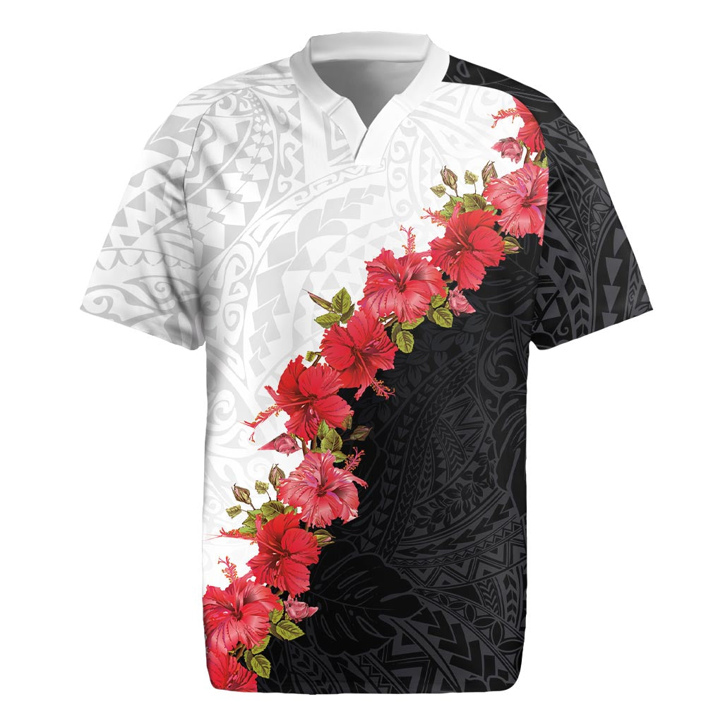 Hawaii Red Hibiscus Flowers Rugby Jersey Polynesian Pattern With Half Black White Version LT03 Black - Polynesian Pride