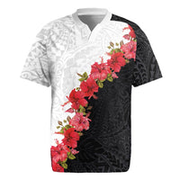 Hawaii Red Hibiscus Flowers Rugby Jersey Polynesian Pattern With Half Black White Version LT03 Black - Polynesian Pride