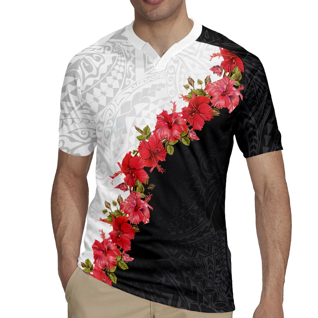 Hawaii Red Hibiscus Flowers Rugby Jersey Polynesian Pattern With Half Black White Version LT03 - Polynesian Pride