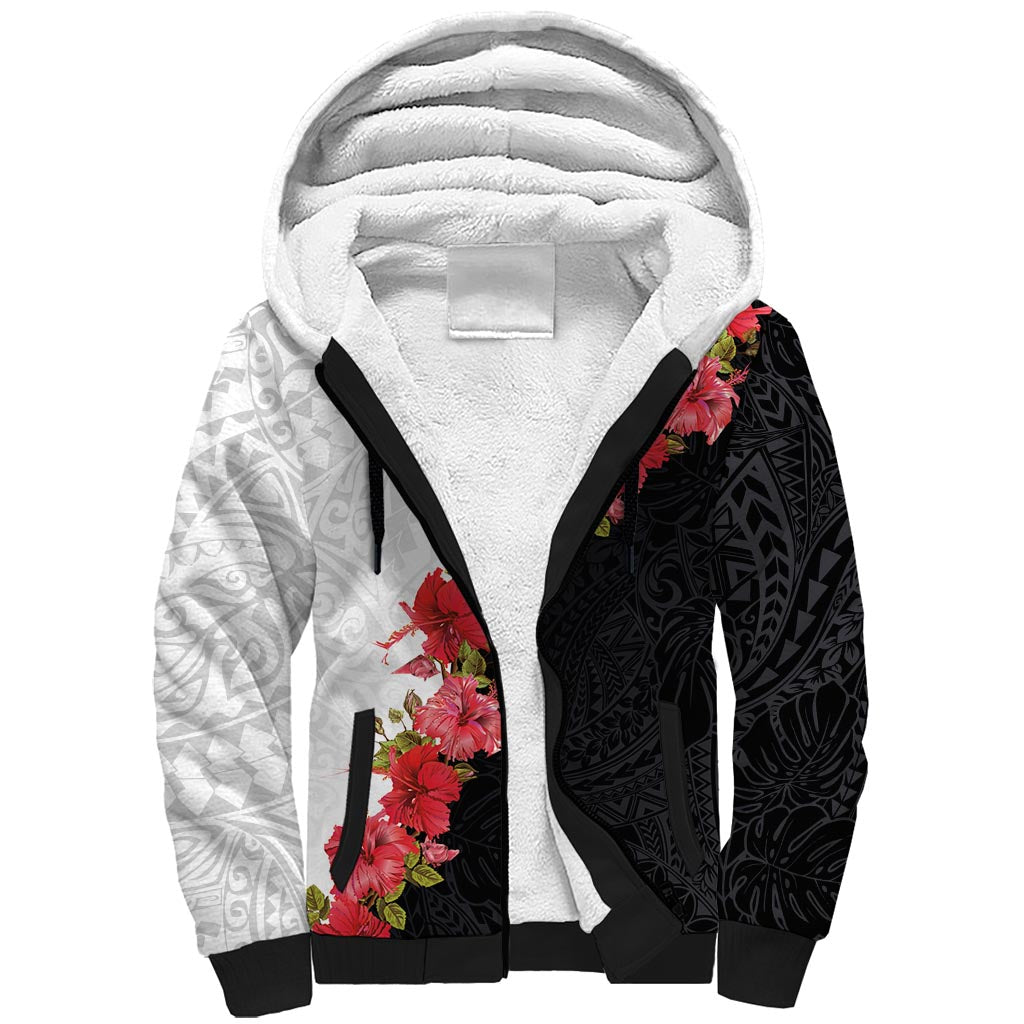 Hawaii Red Hibiscus Flowers Sherpa Hoodie Polynesian Pattern With Half Black White Version LT03 Unisex Black - Polynesian Pride