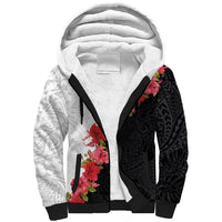 Hawaii Red Hibiscus Flowers Sherpa Hoodie Polynesian Pattern With Half Black White Version LT03 Unisex Black - Polynesian Pride