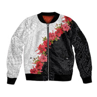 Hawaii Red Hibiscus Flowers Sleeve Zip Bomber Jacket Polynesian Pattern With Half Black White Version LT03 Unisex Black - Polynesian Pride
