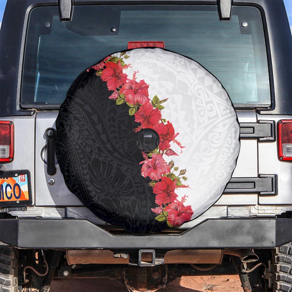 Hawaii Red Hibiscus Flowers Spare Tire Cover Polynesian Pattern With Half Black White Version