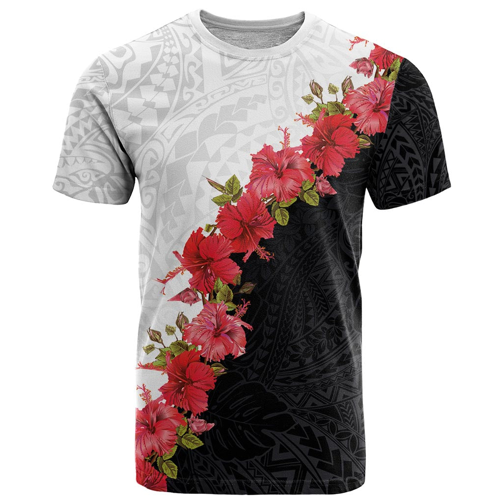 Hawaii Red Hibiscus Flowers T Shirt Polynesian Pattern With Half Black White Version