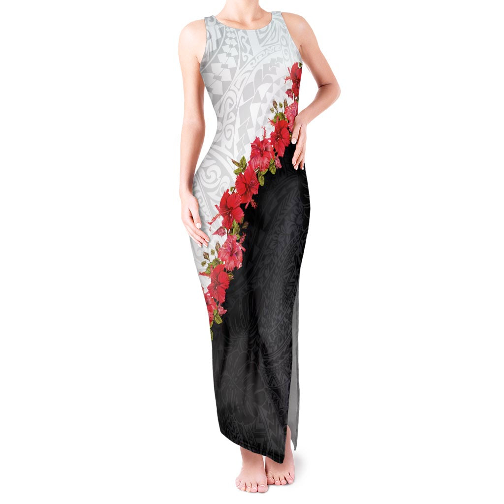 Hawaii Red Hibiscus Flowers Tank Maxi Dress Polynesian Pattern With Half Black White Version