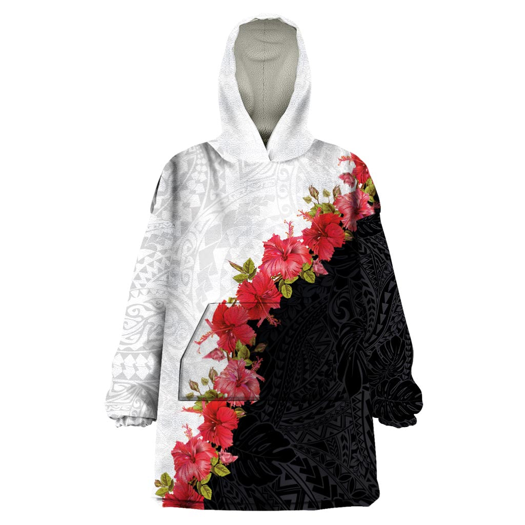 Hawaii Red Hibiscus Flowers Wearable Blanket Hoodie Polynesian Pattern With Half Black White Version LT03 One Size Black - Polynesian Pride