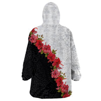 Hawaii Red Hibiscus Flowers Wearable Blanket Hoodie Polynesian Pattern With Half Black White Version LT03 - Polynesian Pride