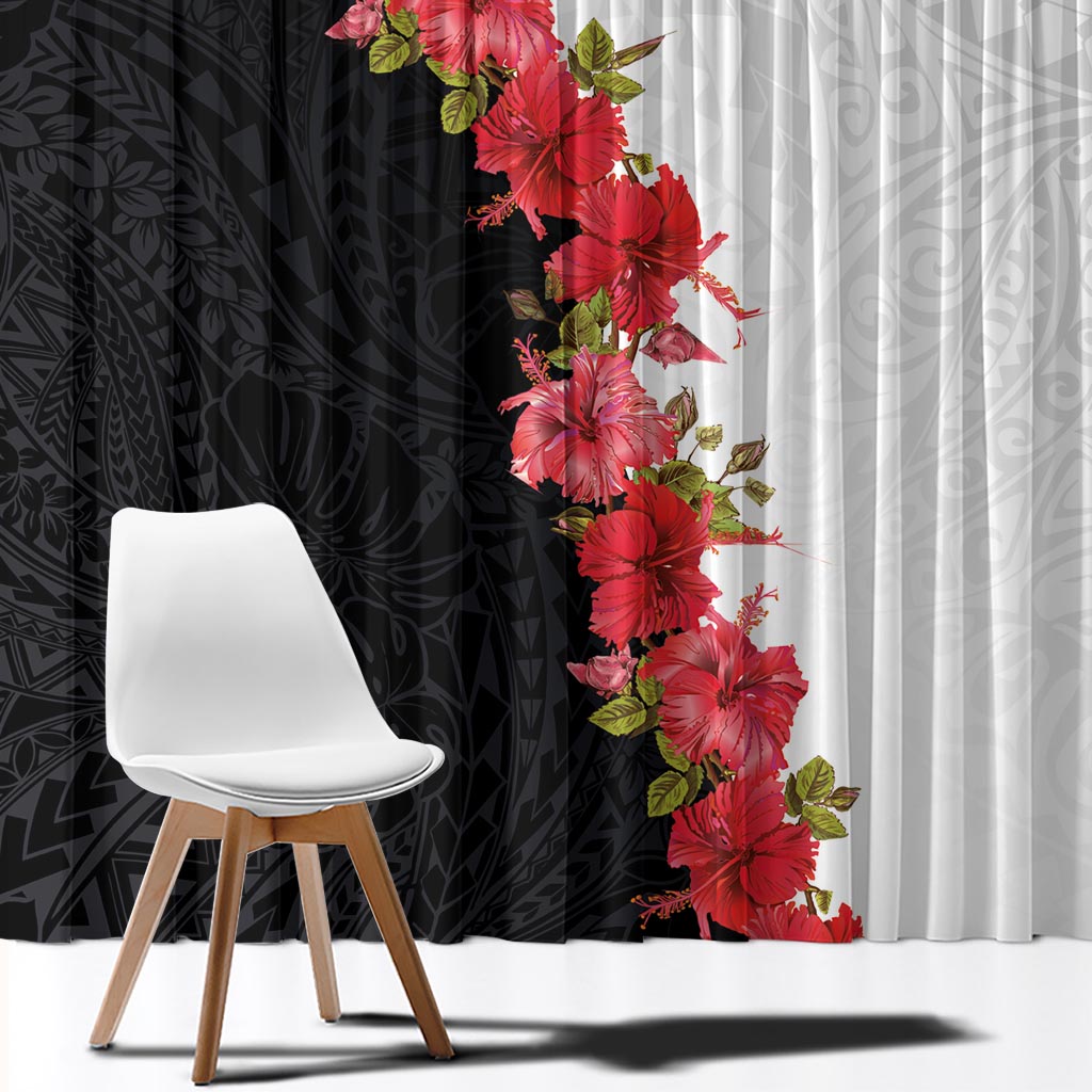 Hawaii Red Hibiscus Flowers Window Curtain Polynesian Pattern With Half Black White Version LT03 - Polynesian Pride