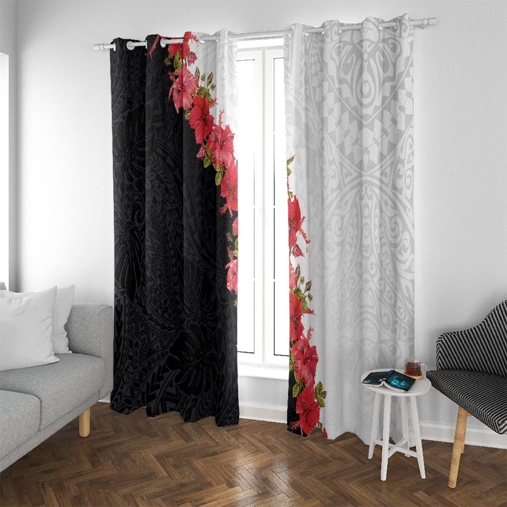 Hawaii Red Hibiscus Flowers Window Curtain Polynesian Pattern With Half Black White Version LT03 With Grommets Black - Polynesian Pride