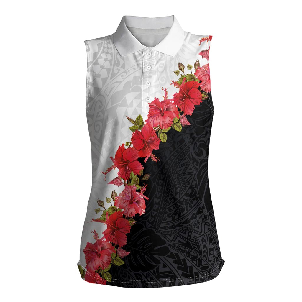 Hawaii Red Hibiscus Flowers Women Sleeveless Polo Shirt Polynesian Pattern With Half Black White Version