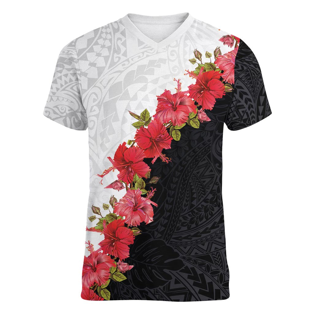 Hawaii Red Hibiscus Flowers Women V-Neck T-Shirt Polynesian Pattern With Half Black White Version