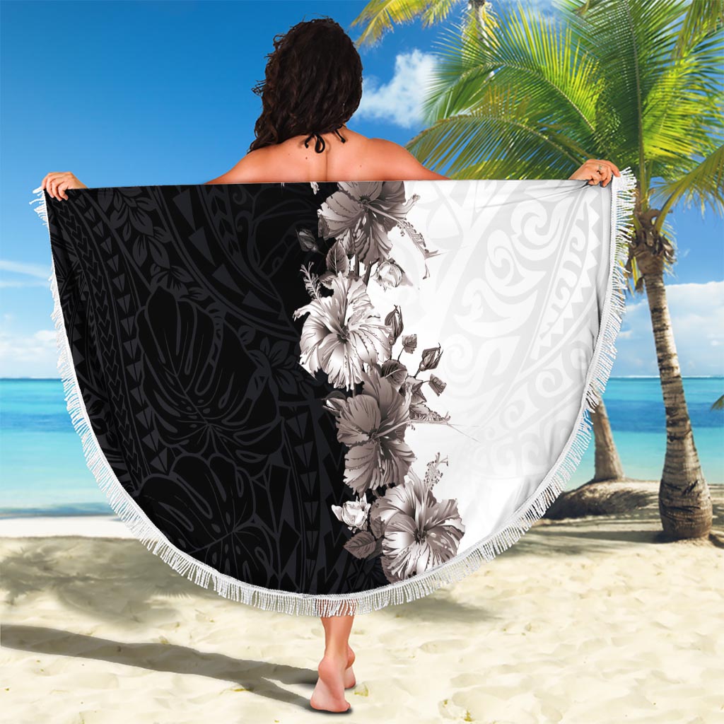 Hawaii Grayscale Hibiscus Flowers Beach Blanket Polynesian Pattern With Half Black White Version LT03 - Polynesian Pride