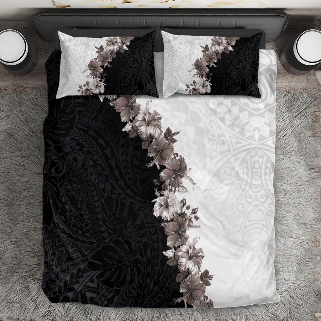 Hawaii Grayscale Hibiscus Flowers Bedding Set Polynesian Pattern With Half Black White Version
