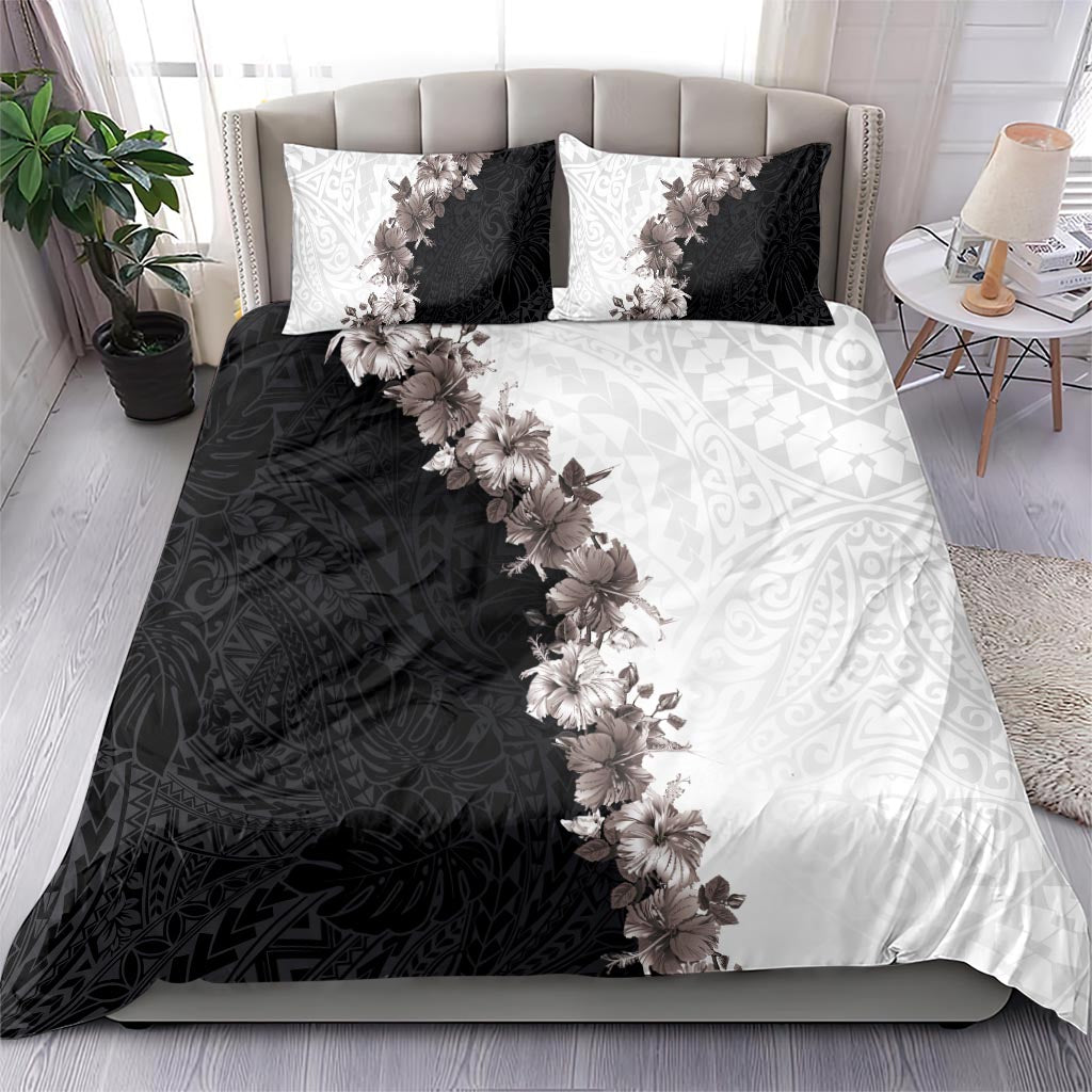 Hawaii Grayscale Hibiscus Flowers Bedding Set Polynesian Pattern With Half Black White Version LT03 - Polynesian Pride