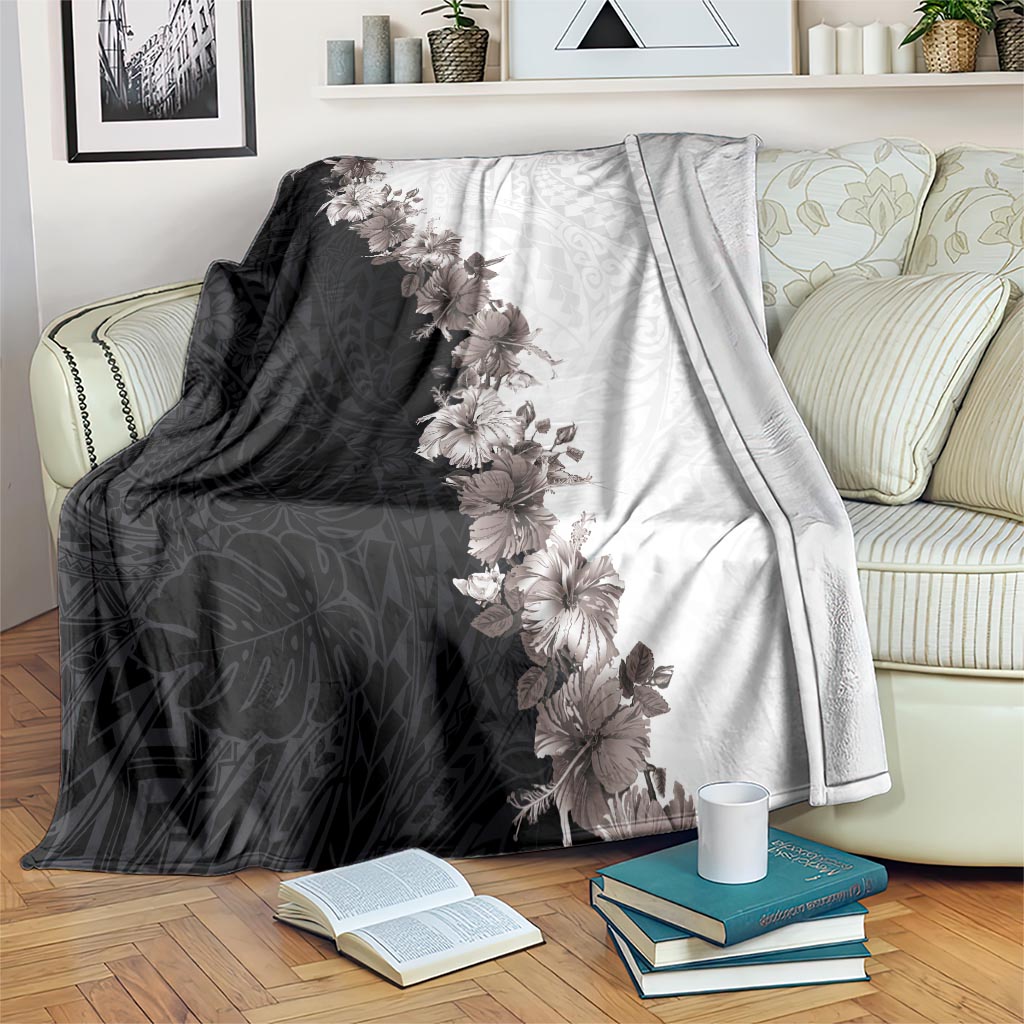 Hawaii Grayscale Hibiscus Flowers Blanket Polynesian Pattern With Half Black White Version