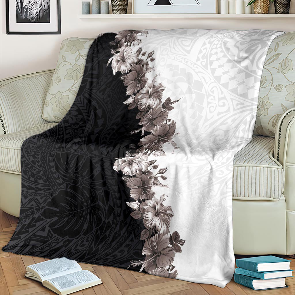 Hawaii Grayscale Hibiscus Flowers Blanket Polynesian Pattern With Half Black White Version LT03 - Polynesian Pride