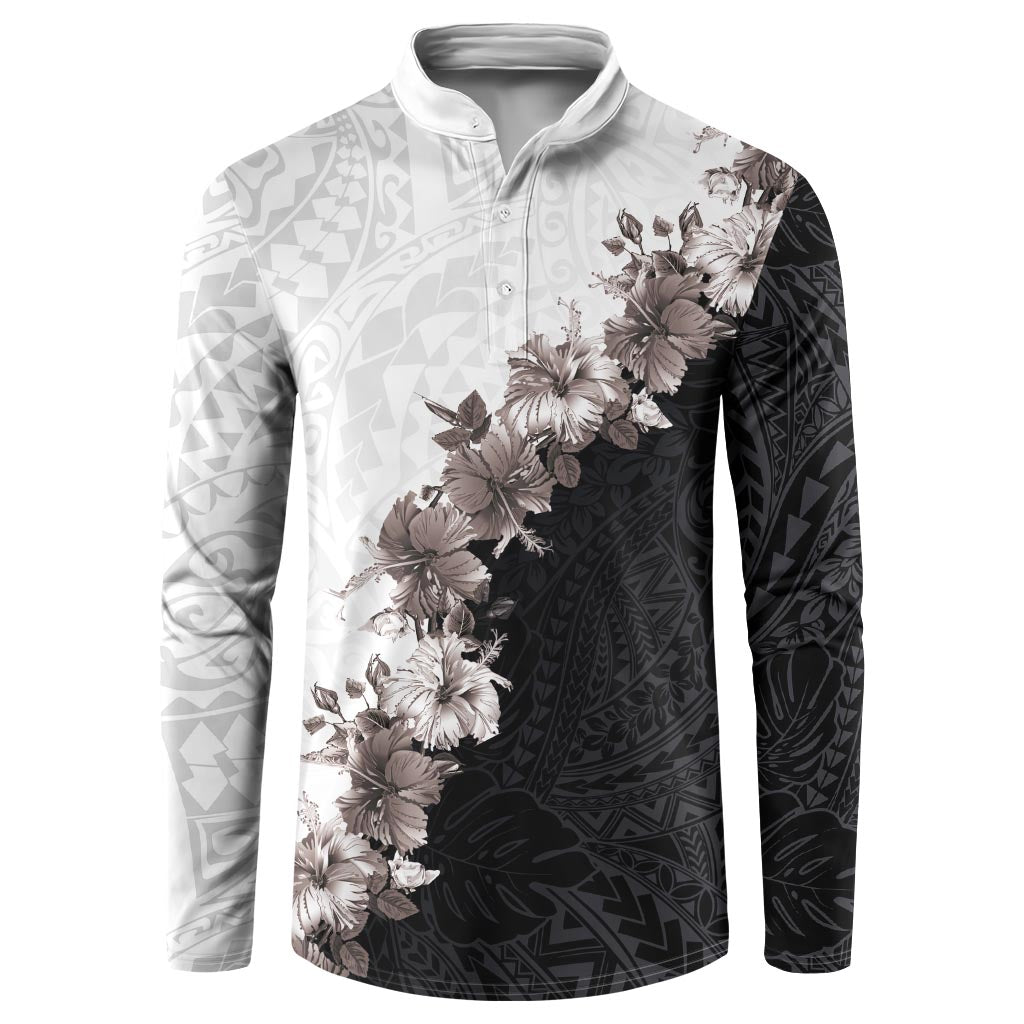 Hawaii Grayscale Hibiscus Flowers Button Sweatshirt Polynesian Pattern With Half Black White Version LT03 Black - Polynesian Pride