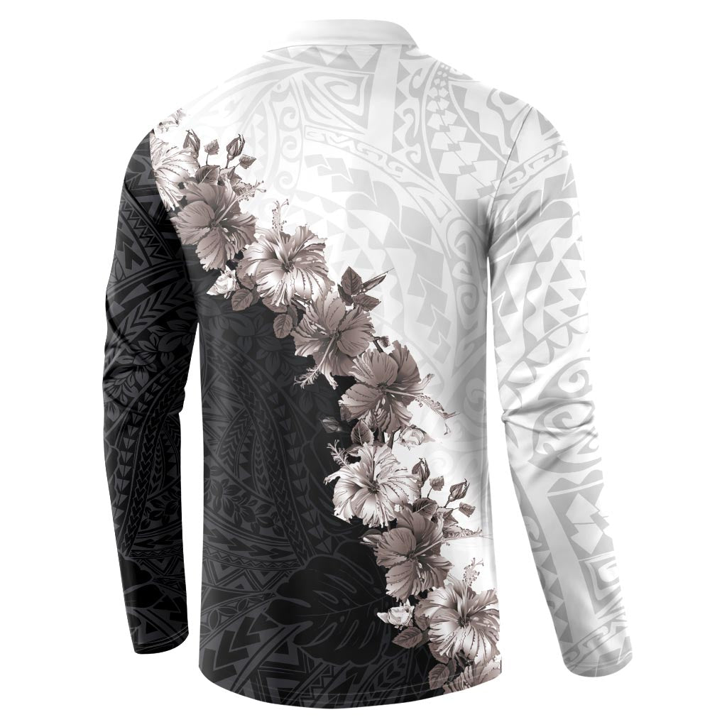 Hawaii Grayscale Hibiscus Flowers Button Sweatshirt Polynesian Pattern With Half Black White Version LT03 - Polynesian Pride