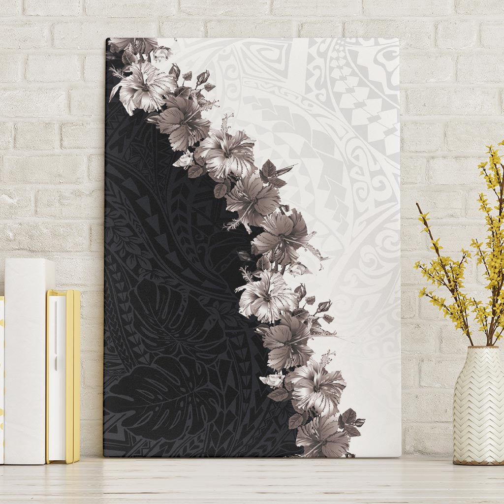 Hawaii Grayscale Hibiscus Flowers Canvas Wall Art Polynesian Pattern With Half Black White Version