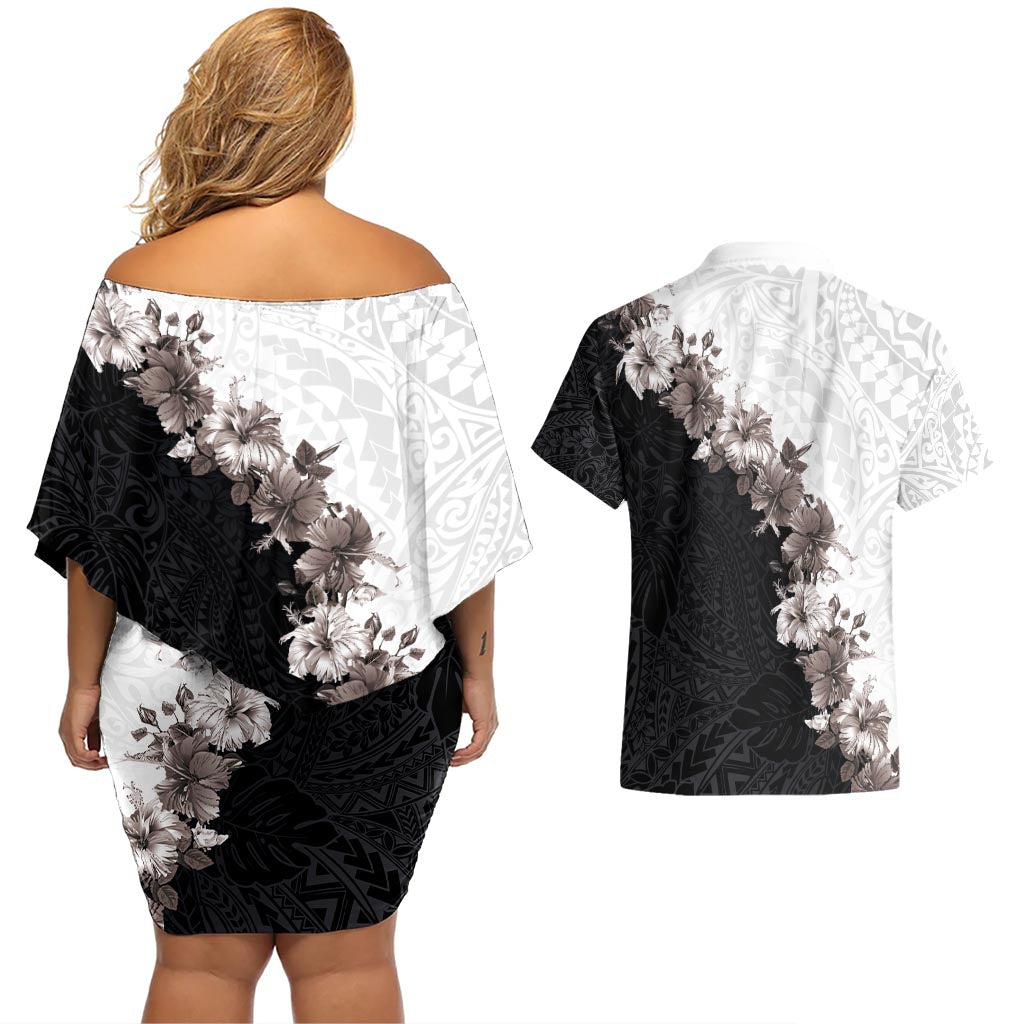 Hawaii Grayscale Hibiscus Flowers Couples Matching Off Shoulder Short Dress and Hawaiian Shirt Polynesian Pattern With Half Black White Version