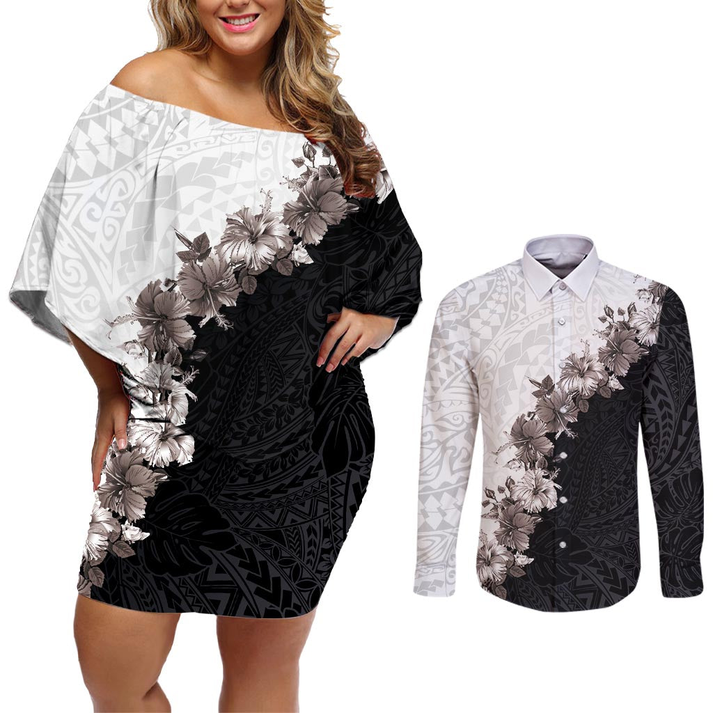 Hawaii Grayscale Hibiscus Flowers Couples Matching Off Shoulder Short Dress and Long Sleeve Button Shirt Polynesian Pattern With Half Black White Version