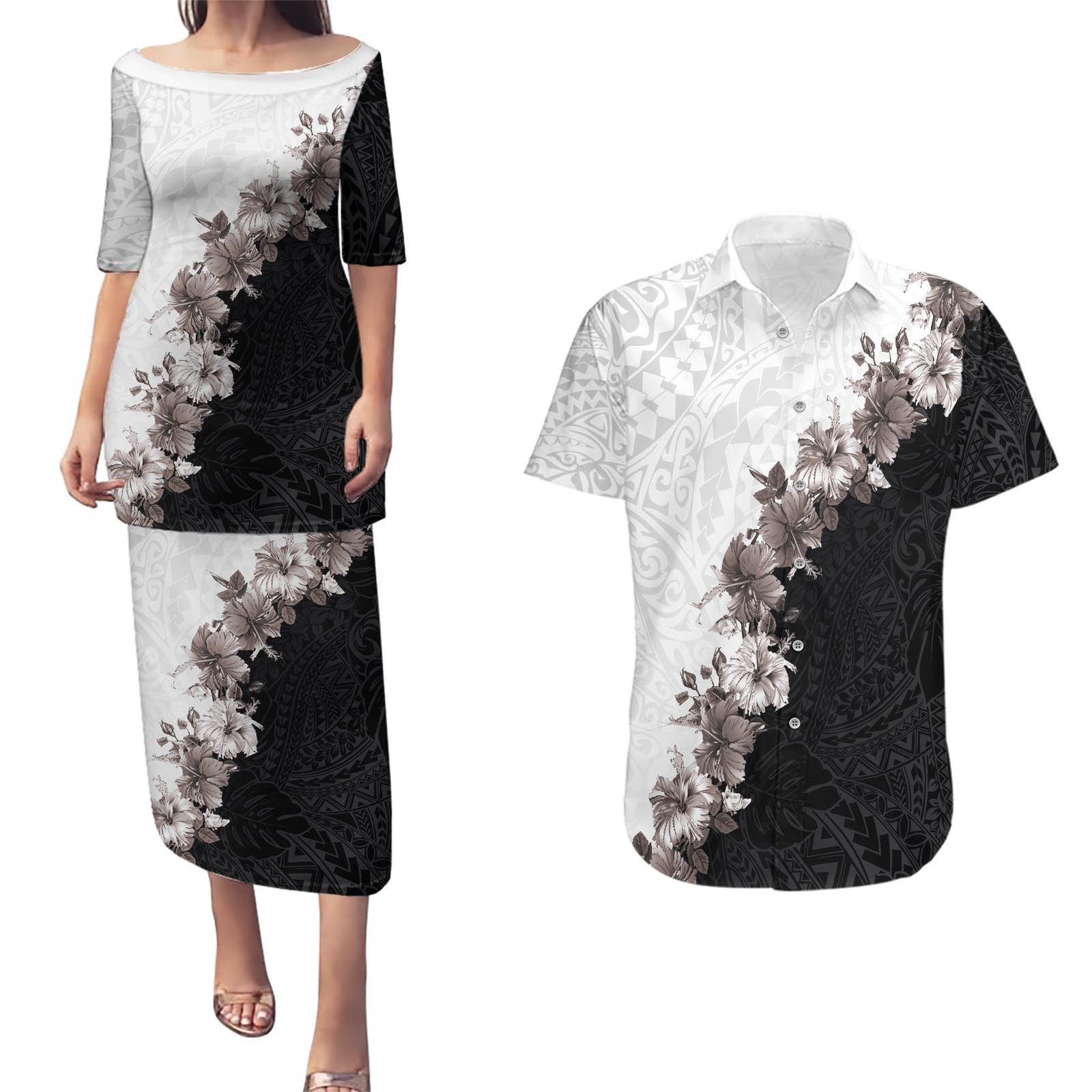 Hawaii Grayscale Hibiscus Flowers Couples Matching Puletasi and Hawaiian Shirt Polynesian Pattern With Half Black White Version