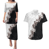 Hawaii Grayscale Hibiscus Flowers Couples Matching Puletasi and Hawaiian Shirt Polynesian Pattern With Half Black White Version