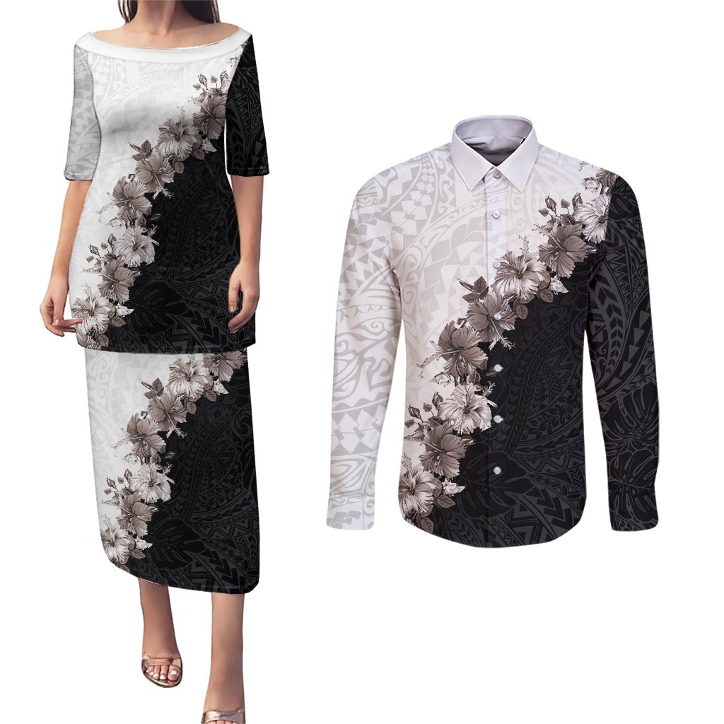 Hawaii Grayscale Hibiscus Flowers Couples Matching Puletasi and Long Sleeve Button Shirt Polynesian Pattern With Half Black White Version