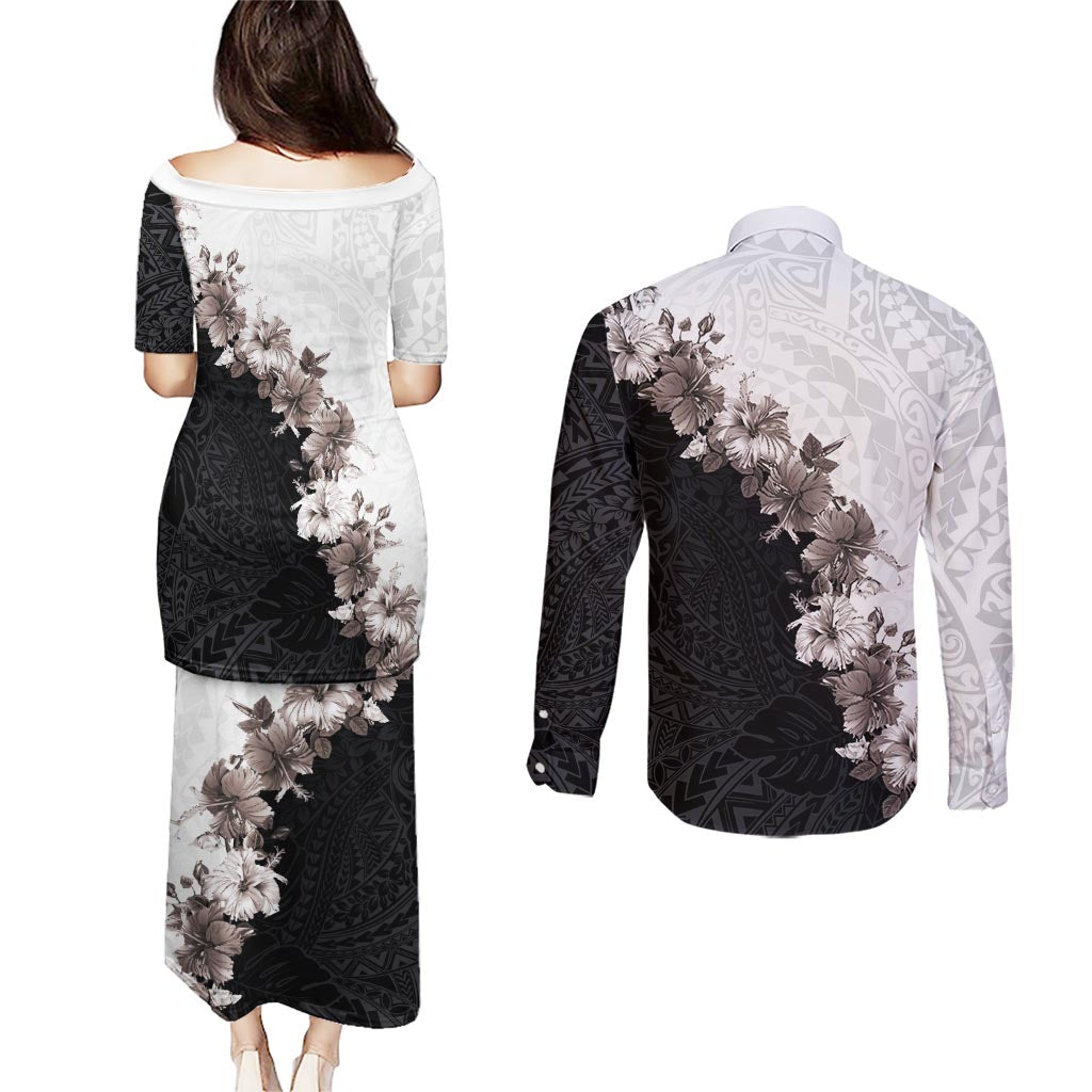 Hawaii Grayscale Hibiscus Flowers Couples Matching Puletasi and Long Sleeve Button Shirt Polynesian Pattern With Half Black White Version