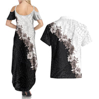 Hawaii Grayscale Hibiscus Flowers Couples Matching Summer Maxi Dress and Hawaiian Shirt Polynesian Pattern With Half Black White Version