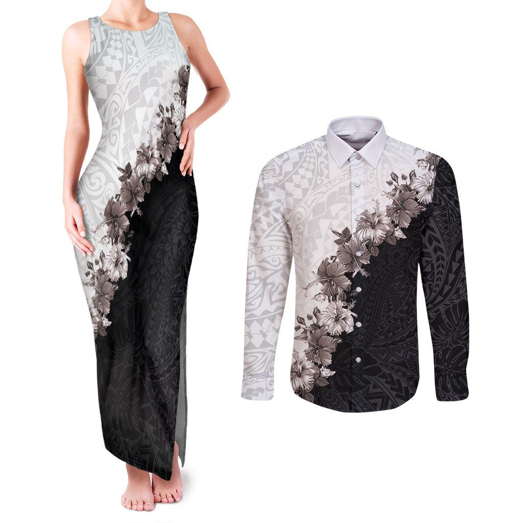 Hawaii Grayscale Hibiscus Flowers Couples Matching Tank Maxi Dress and Long Sleeve Button Shirt Polynesian Pattern With Half Black White Version