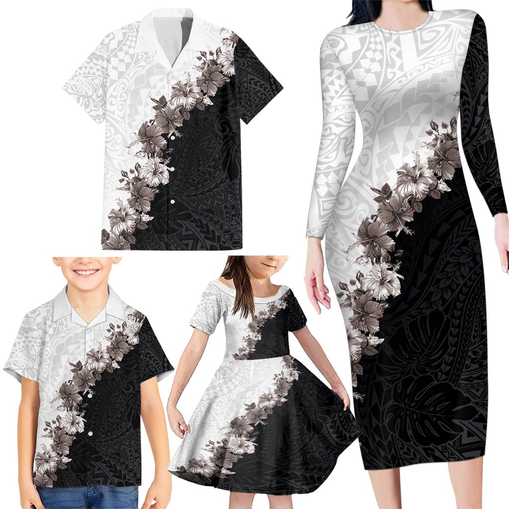 Hawaii Grayscale Hibiscus Flowers Family Matching Long Sleeve Bodycon Dress and Hawaiian Shirt Polynesian Pattern With Half Black White Version LT03 - Polynesian Pride